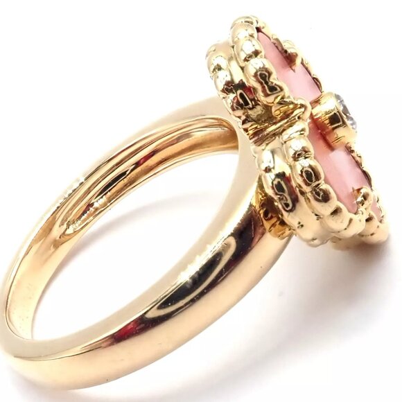 Authentic! Van Cleef & Arpels Alhambra 18k Yellow Gold Coral Diamond Ring PaperA - Picture 3 of 10